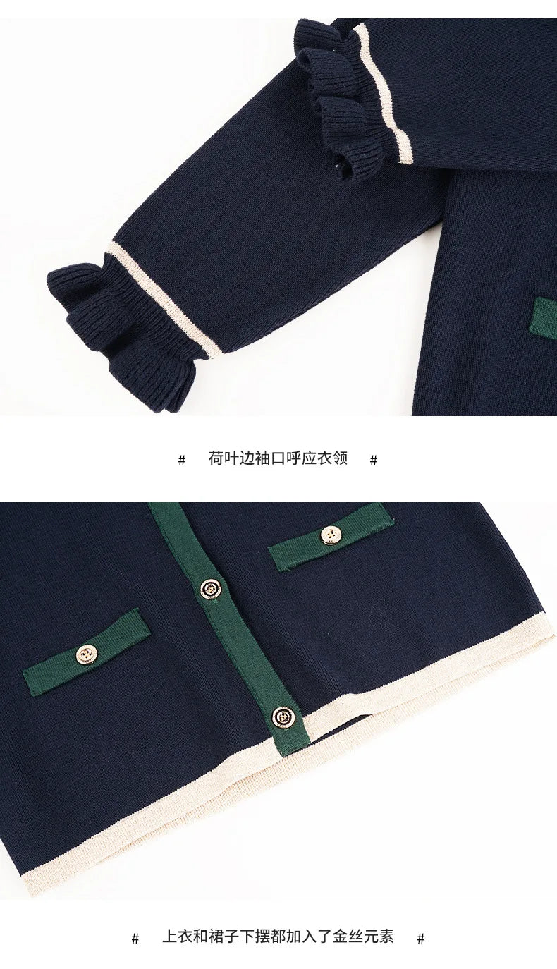 New Winter 2024 Girls sweater suits 2 3 4 5 6  little girl Knit Cardigan jacket + Pleated Skirt baby kids college Navy Blue Set