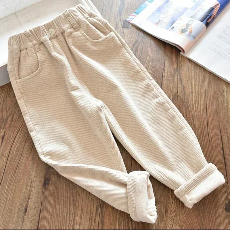 Kids Warm Pants Boy Girls Autumn Winter Corduroy Thick Outer Wear Sports Trousers 3-10Y Children Clothes Casual High Waist Pants