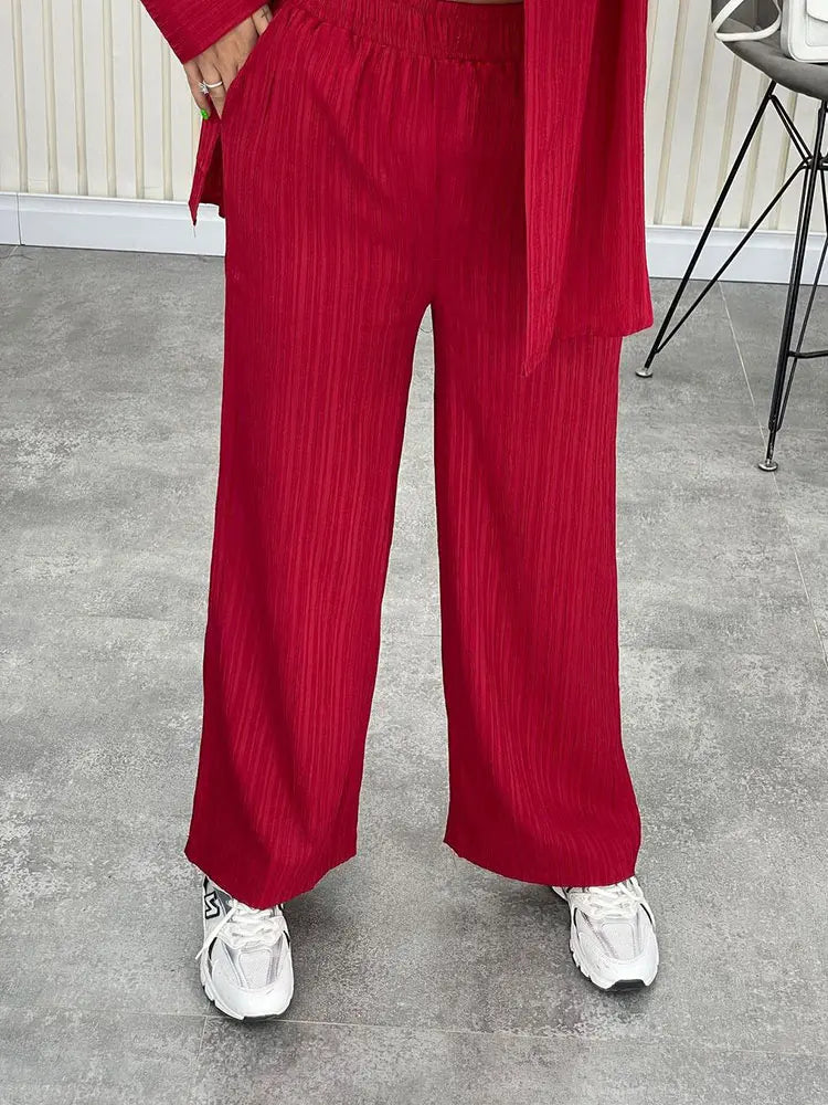 Loose 2 Pieces Set Women Outfit Shirt And Pants Set Chiffon Straight Full Pants Office Sets For Women Oversized Shirts Suits