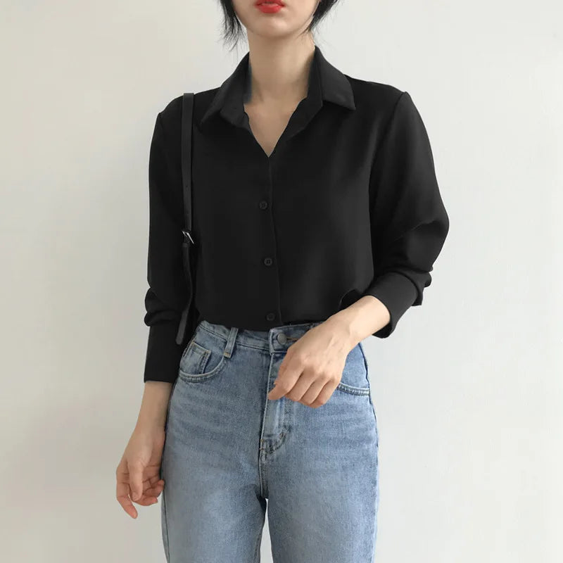 Autumn New Long Sleeve Women Shirts Fashion Turn Down Collor Chiffon Blouses Office Lady Elegant Loose Tops