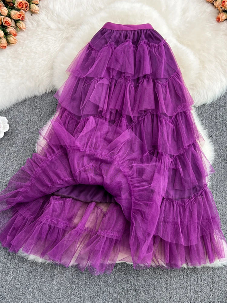 Tutu Tulle Long Skirts Womens Spring Korean Solid A Line High Waist Mesh Tiered Maxi Skirt Female Faldas Aesthetic