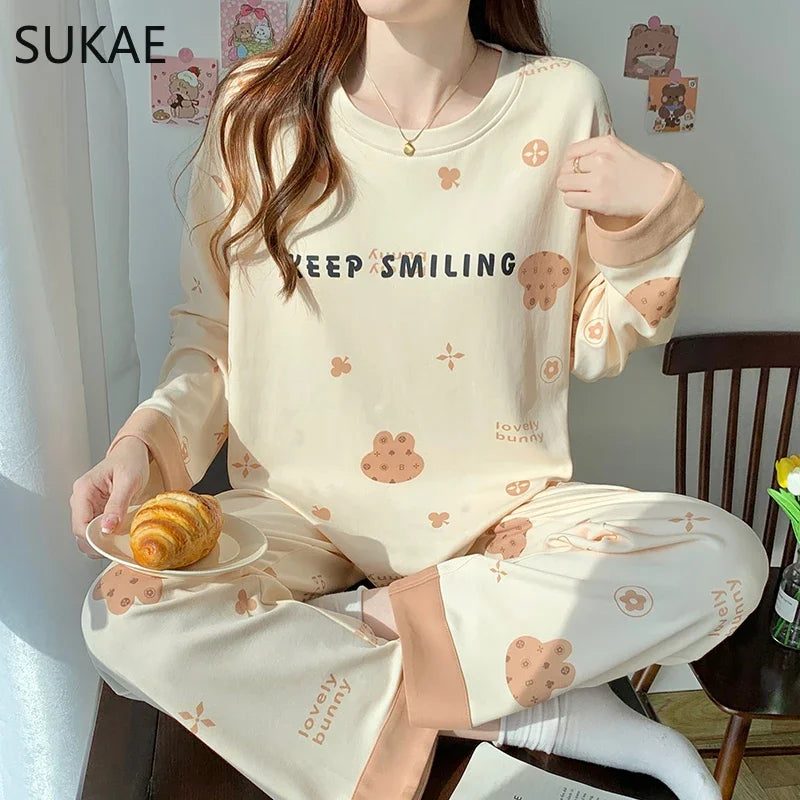 SUKAE Pink Puppy Printing Women Sleepwear Korean New Pajamas Set O-neck Long Sleeve Pijamas Autumn Spring Faux Cotton Nightwear