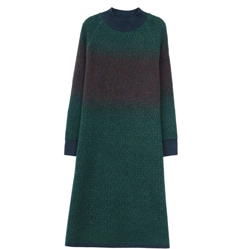 Elegant Stand Collar All-match Gradient Knitted Dress Women's Clothing Autumn Winter New Loose Office Lady Midi Dress