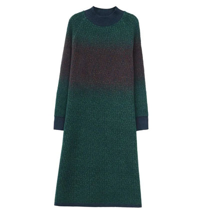 Elegant Stand Collar All-match Gradient Knitted Dress Women's Clothing Autumn Winter New Loose Office Lady Midi Dress