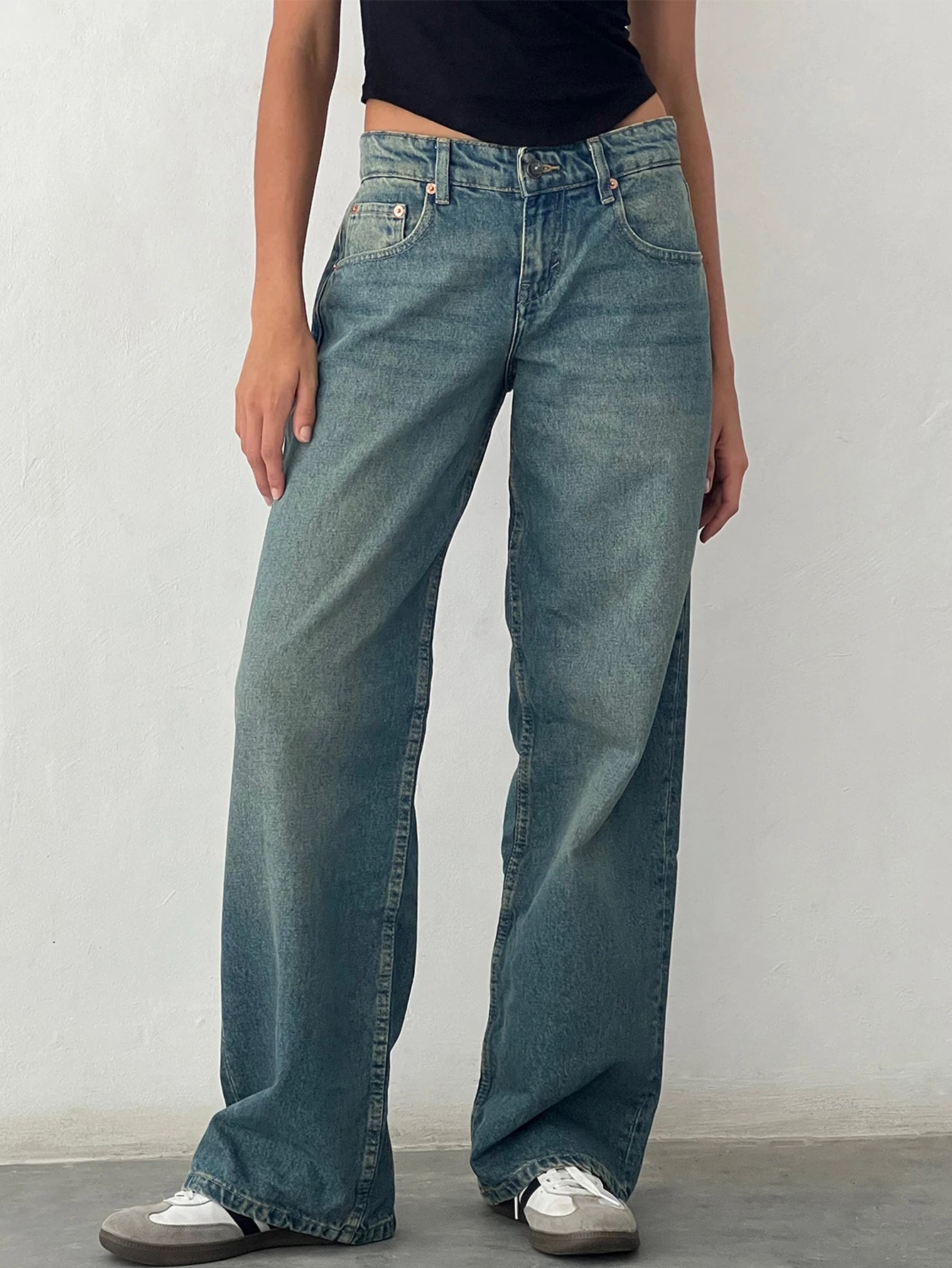 Women Vintage Aesthetic Y2k Low Rise Baggy Jeans Loose Fit Boyfriend Straight Wide Leg Jeans Trendy Stretch Long Denim Pants