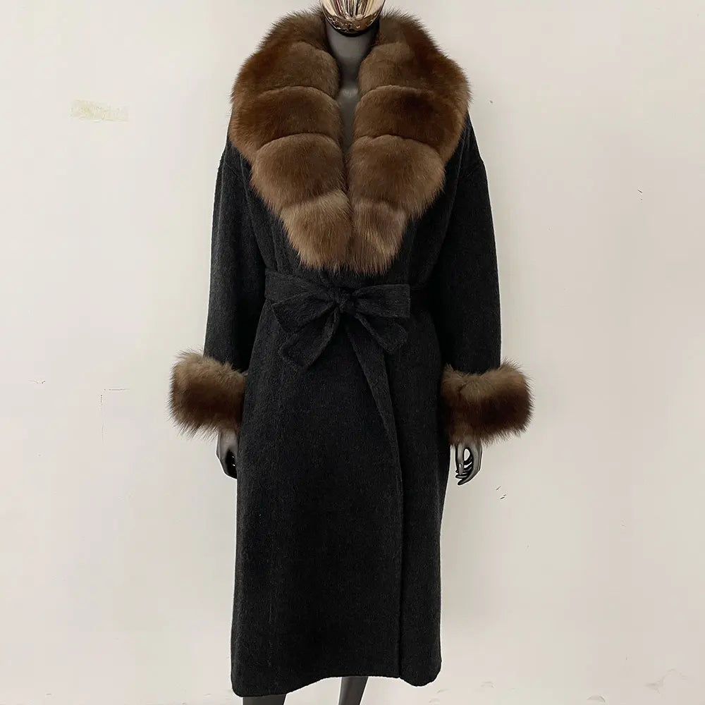 Wool Coat Women New Autumn Winter Real Fox Fur Jacket Female Long Warm Natural Fox Fur Collar Fur Cuffs