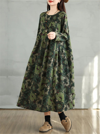 Cotton Vintage Print Floral Dresses 2024 Women Casual Loose Long Sleeve Dress Femme Robe Vestidos Elegant Spring Autumn Clothing