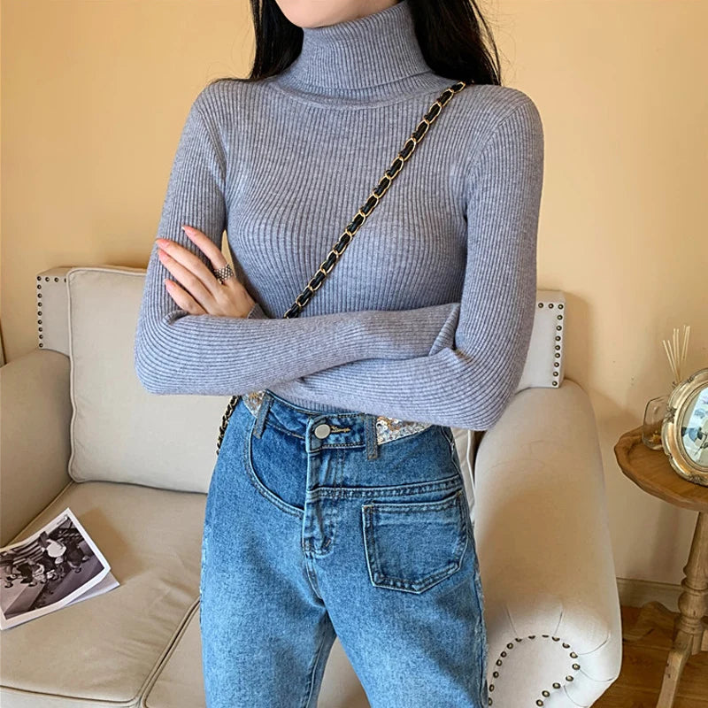 Autumn Winter Women Long Sleeve Knitted Foldover Turtleneck Ribbed Pull Sweater Soft Warm Femme Jumper Pullover Clothes