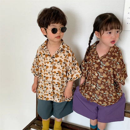 Deer jonmi 2025 Summer Children Printed Chiffon Shirts Short Sleeve Beach Vacation Unisex Kids Loose Tops