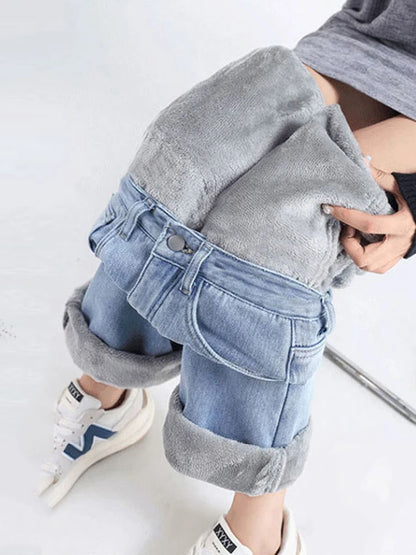 Women Vintage Loose Straight Jeans Winter Warm High Waist Velvet Lined Wide Leg Denim Pants Korean Thicken Casual Chic Vaqueros