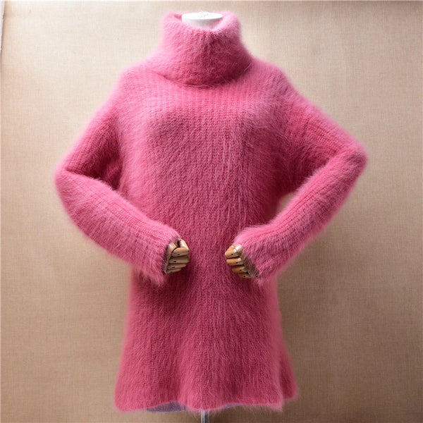 Female Women Fall Winter Clothing Hairy Plush Mink Cashmere Knitted Turtleneck Slim Long Sweater Pullover Angora Fur Dress Pull