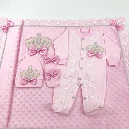 5pcs Newborn Baby Lace Girl Outfits Set Kids Clothing Real Cotton Infant Care Products Body Suit Shirt Pants