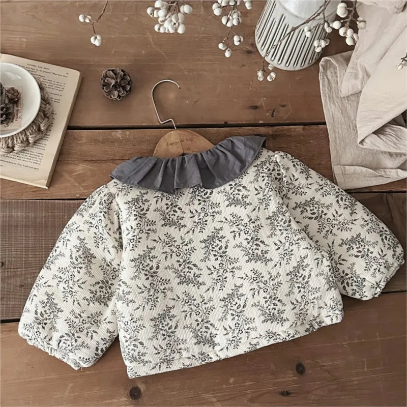 Newborn Baby Girl Bow Design Floral Cotton Padded Coat Infant Toddler Ruffle Collar Warm Thick Jacket Winter Baby Clothes 9M-2T