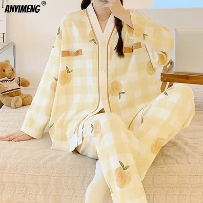 SUKAE Women Autumn Winter New Pajamas Sets Faux Cotton Sleepwear Casual Kimono Pijamas Sets Leisure Lapel Loungewear Homesuits