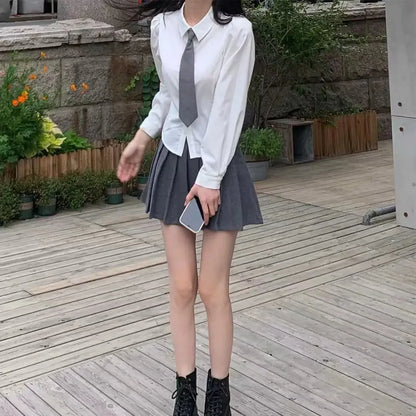 White Bandage Shirt Women Slim Long Sleeve Cute Top School Uniform Basic Blouse Female Polo Neck