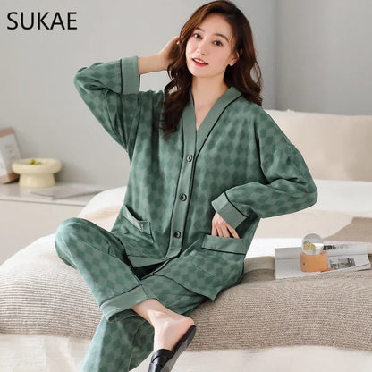 SUKAE New M-5XL Autumn Winter New Cotton Women Pajamas Lady Loungewear Kimono Cardigan Long Sleeves V-neck Homesuit