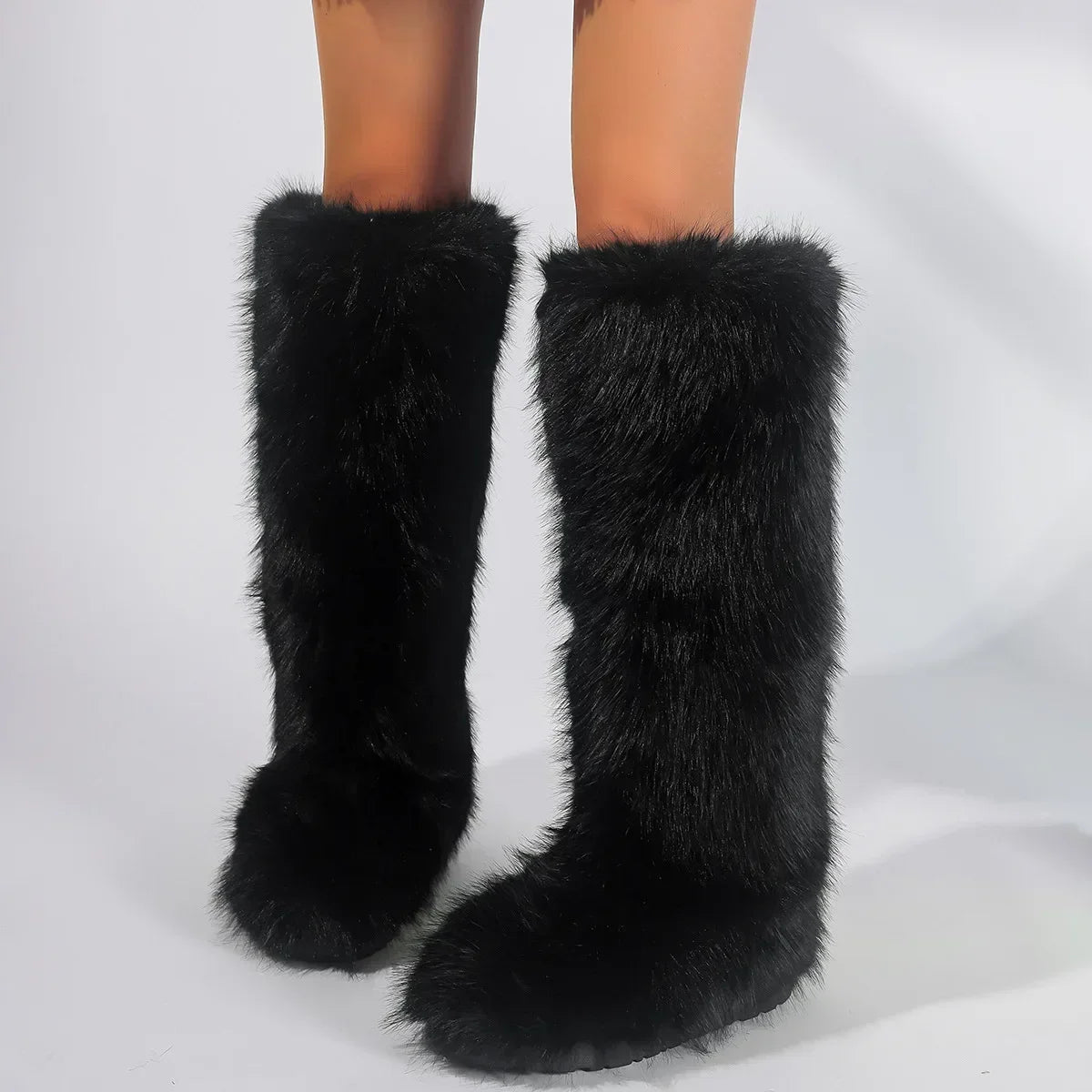 Women New Faux Fox Fur Long Boots Knee High Light Colour Fur Snow Boots Ladies Platform Push Shoes Drop Shipping Winter Shoes