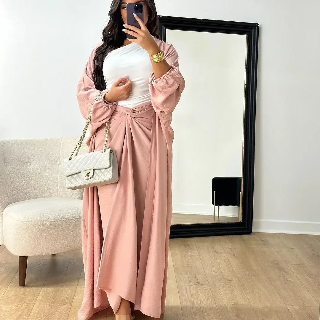 Autumn Winter Fashion Two Piece Set Muslim Women Elegant Solid Long Cardigan Twisted Skirt Two Piece Set