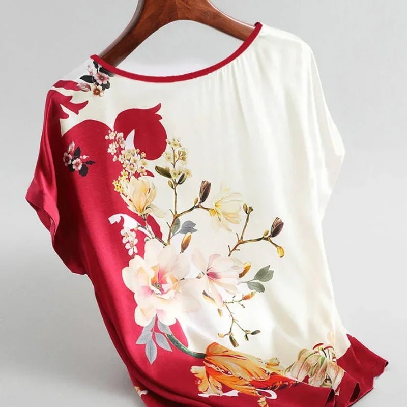 Plus Size Women Silk Satin Blouses Spring Summer Floral Printing Blouse Female Fashion Shirt Tops