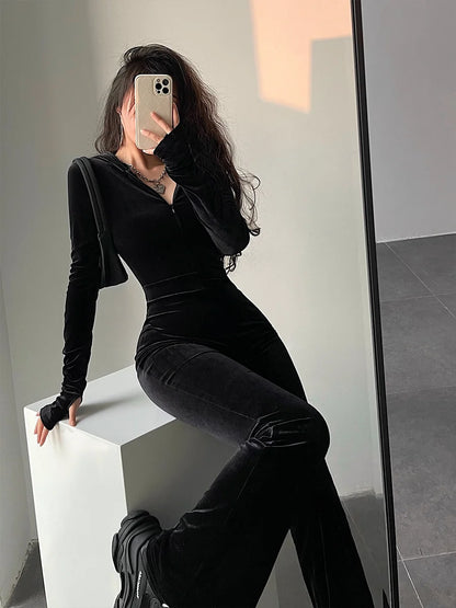 TVVOVVIN  Fashion Black Velvet Slim Hooded Zipper Long Sleeve Flare Pants Jumpsuit Rompers Korean Sexy Hot Tops