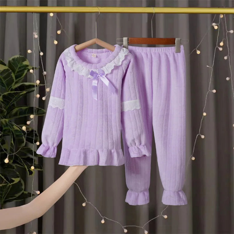 New Winter Children Pajamas Girls Princess Loungewear Coral Fleece Kids Pijamas Warm Flannel Sleepwear Homewear teen Pyjama Set