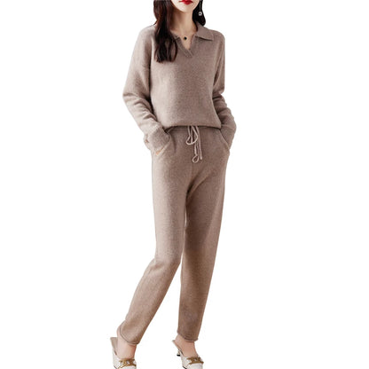 Autumn and Winter Cashmere Sweater Women's Suit Lapel Knit Pullover Fashion Straight Leg Small Foot Pants Luxury Two-Piece Set