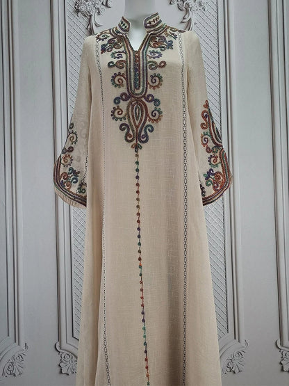 Siskakia Embroideried Luxurious Women's Evening Dress With Long Sleeves V-Neck Fashion Elegant Abayas With Belt Marocain Femme