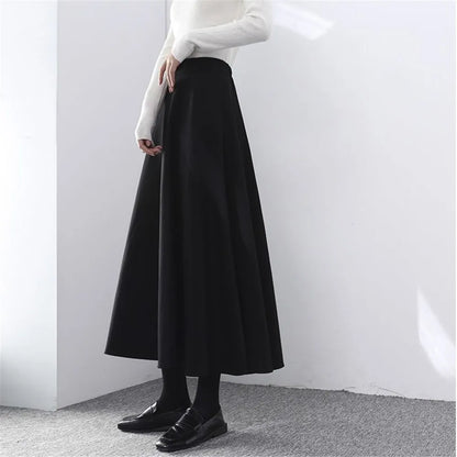 Winter Long Woolen Skirt Women Fashion High Waist Basic Wool Skirts Female Casual Thick Warm Black Elastic A-Line Maxi Skirts