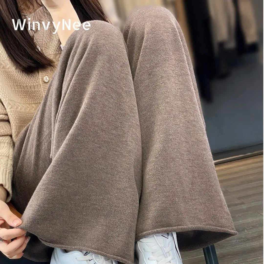 WinvyNee New Merino Wool Pants Ladies High Waist Wide Casual Knitted Leg Pants Trousers Loose Women Pants