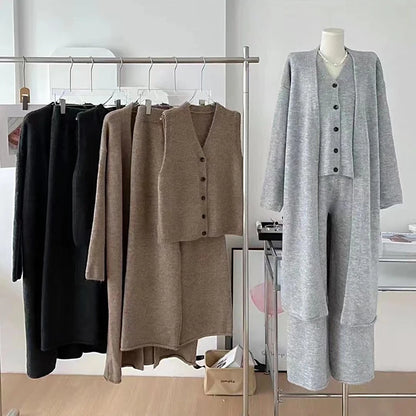 Loose Knitted Suit Autumn Women Set V Neck Vest Long Sweater Coat + Wide Legs Pants Suit Female Tracksuit 3 Piece Set Women