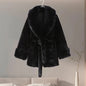 Vintage  Faux Fox Coat Women Luxury Fur Collar  Long Sleeve Oversize With Belt Female Warm Jacket Winter  Lady Plush Top