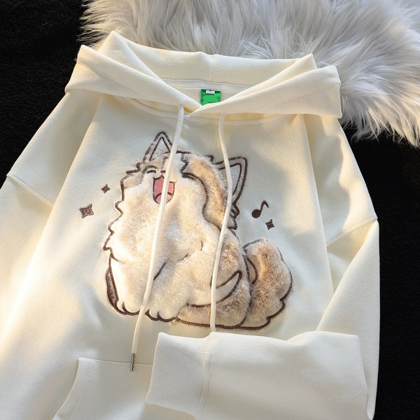 Korean Autumn Winter Cute Cartoon Street Embroidery Design Cat Print Pullover Hoodies Women Men Trend Loose Couples Clothes