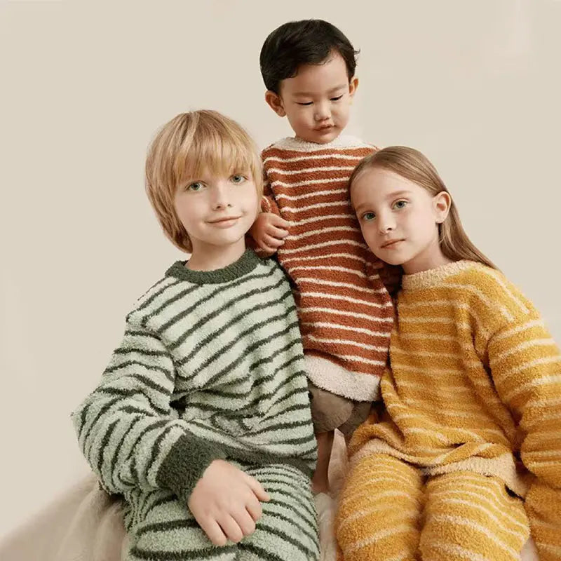 Kids Pajamas Sets Autumn Winter Children's Coral Velvet Sleepwear Stripe Loungewear for Boys Girls Thicken Pijama Teen Clothes