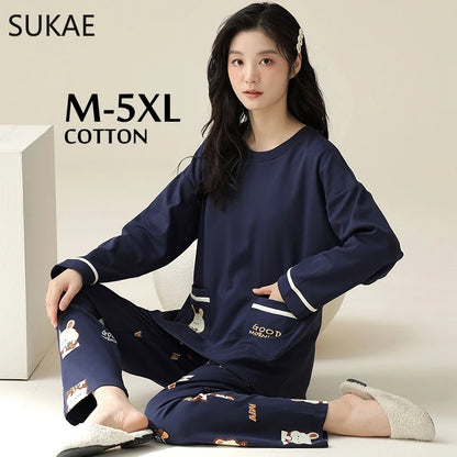 SUKAE M-5XL Big Size Women Pajama Set Autumn Winter New Cotton Long Sleeves Woman Sleepwear Casual Girl Pijama Cartoon Nightwear