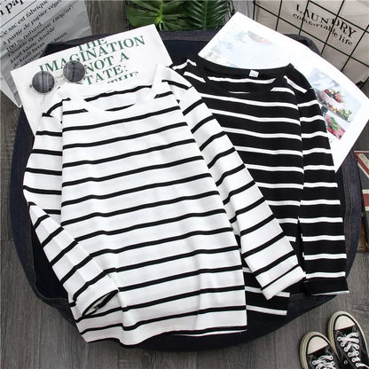 Women Loose Round Collar Autumn Stripes Print Loose Long Sleeve Casual Simple Wild T-Shirt