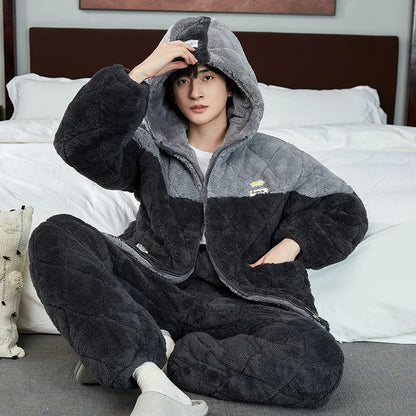 2 Pieces Set Flannel Homewear with Hood For Men 2025 New Zipper Home Clothes Plus Size L-3XL Thicken Nightwear Young Boy Warm Pj