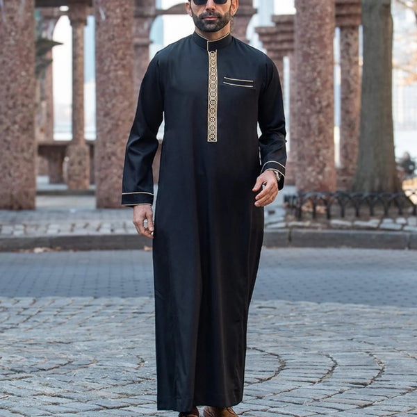 Islamic Muslim Arabic Men's Robe Long Sleeve Embroidered Stand Collar Arabian Thobe for Men