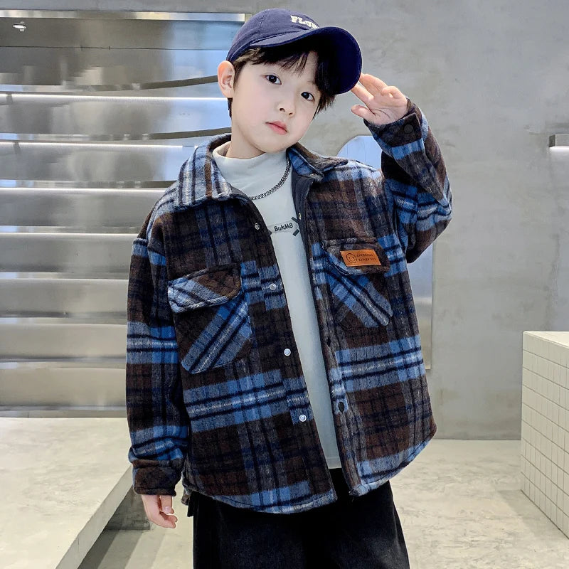 Fashion Kids Winter Thermal Shirt Boy Warm Insulate Clothing Children Thick Fleece-Lined Blouse For Teenager High Quality Shirt