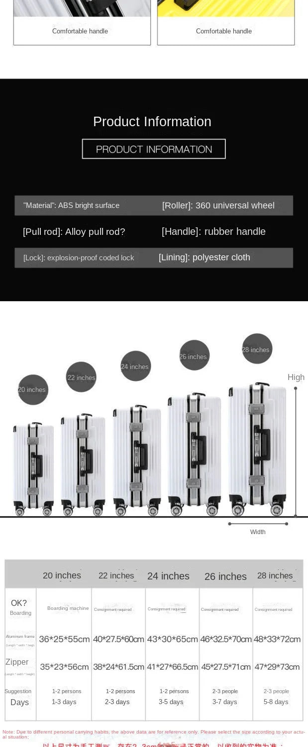 Aluminum Frame Carry-On Suitcase Luggage Mute Trolley Case Universal Wheel Durable And Sturdy Password Valise De Voyage