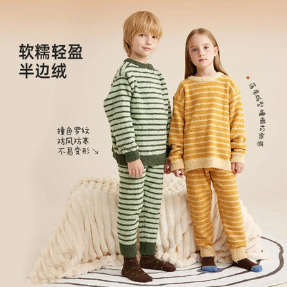 Kids Pajamas Sets Autumn Winter Children's Coral Velvet Sleepwear Stripe Loungewear for Boys Girls Thicken Pijama Teen Clothes