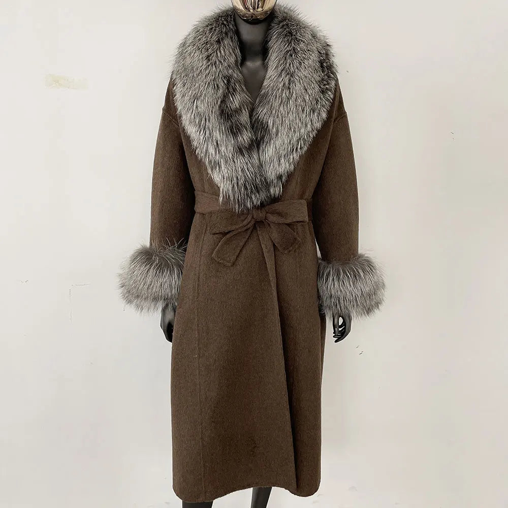 Wool Coat Women New Autumn Winter Real Fox Fur Jacket Female Long Warm Natural Fox Fur Collar Fur Cuffs