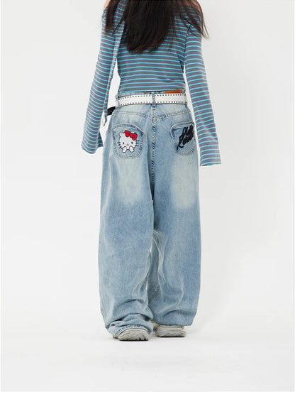 Sanrio Hello Kitty Y2k Baggy Jeans High Waist Wide Leg Pants Women American Street Retro Femme Hello Kitty Stuff