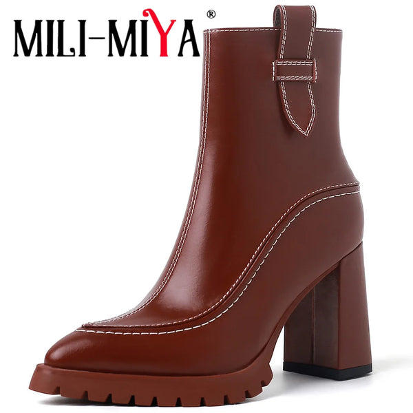 MILI-MIYA Genuine Leather Pointed Toe Short Boots Female New Square High Heels Autumn Winter British Style Handmade Dress Shoes