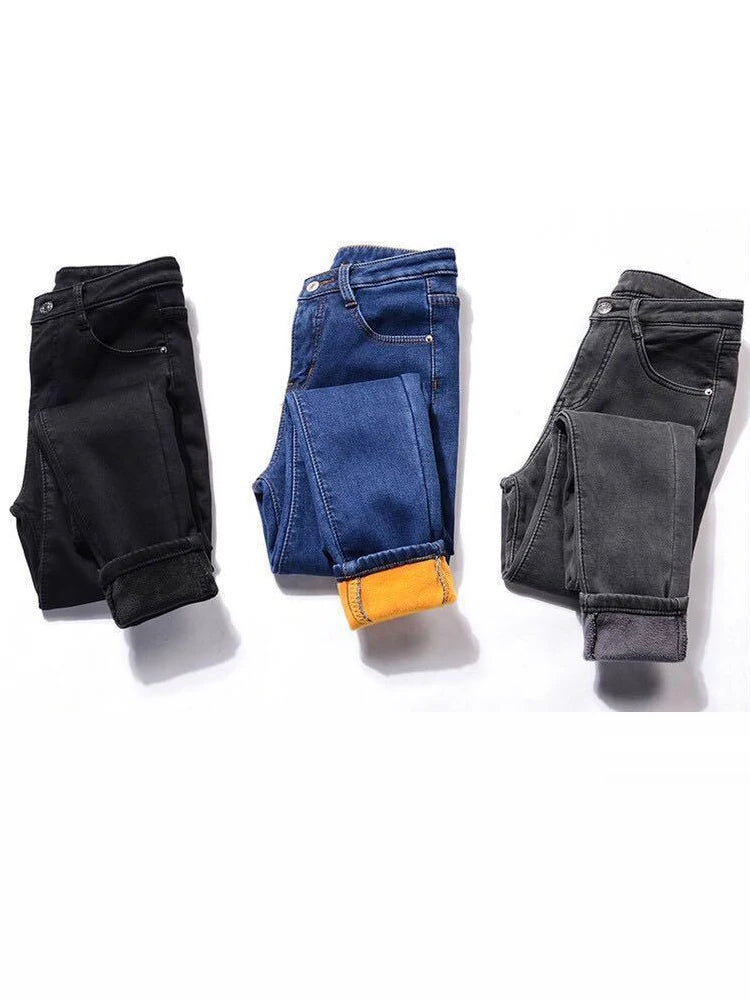 Winter high waist jeans women Thick warm stretch skinny pencil pants Female Simple casual black  trousers