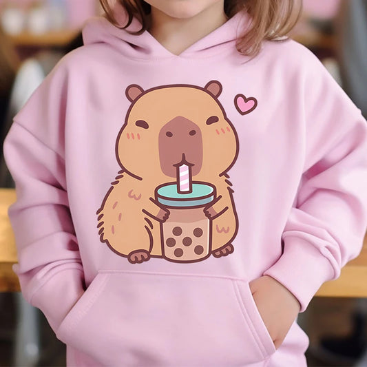 Cute Capybara Loves Bubble Tea kids hoodie pink plus velvet sweater autumn and winter tops for girls