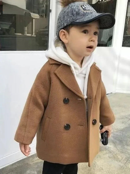 Winter Grid Jackets Boys Girl Woolen Double-breasted Baby Boy Trench Coat Lapel Autumn Kids Outerwear Coats Wool Overcoat