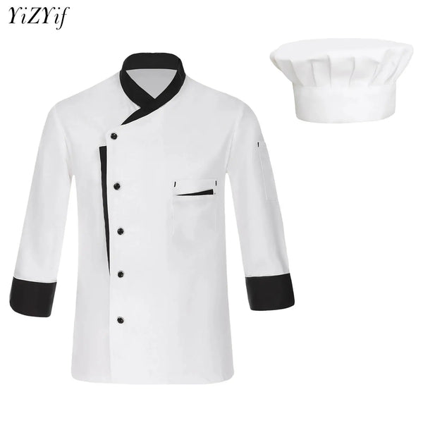 Unisex Mens Womens Chef Jacket Long Sleeve Contrast Color Coat Restaurant Kitchen Cooking Apparel Work Wear Uniform with Hat