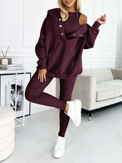 Fashion Hooded Long-sleeved Vest + Sweatshirt Coat + Pants 3-piece Set Women Autumn Winter Solid Color Casual Sports Suit Female