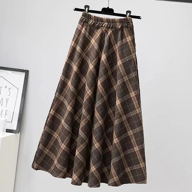 Rimocy Autumn Winter Woolen Skirt Women Korean Style Thick High Waist Long Skirt Woman A Line Pleated Plaid Skirt Female