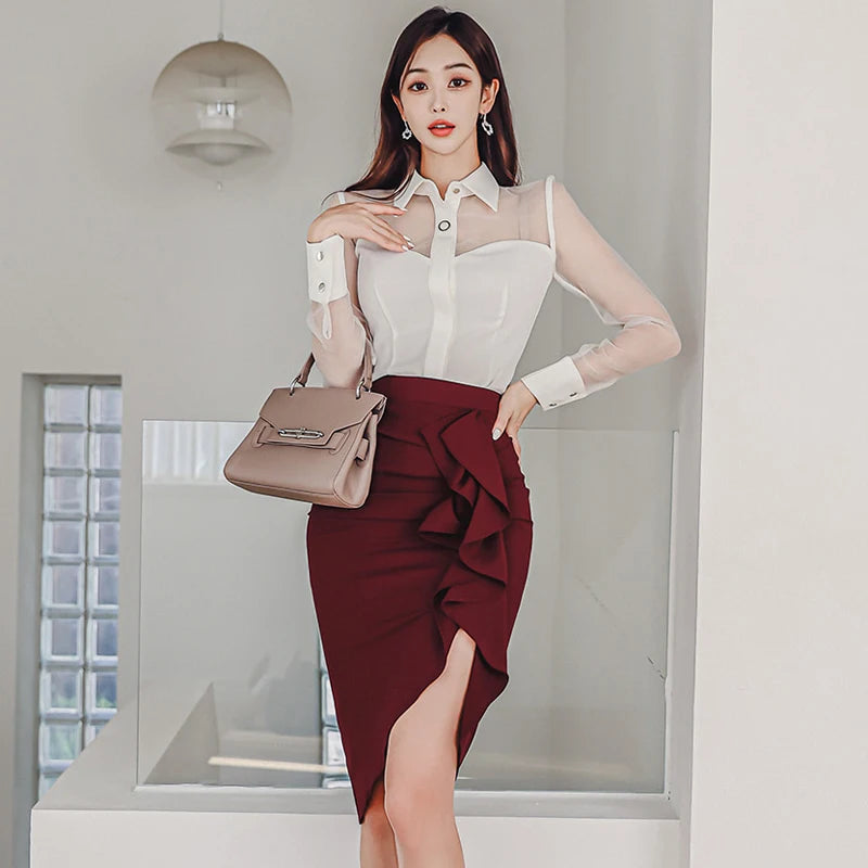 New Fashion Runway Fall Skirt Suit Women's White Blouse And Pencil Skirt 2 Two Pieces Set